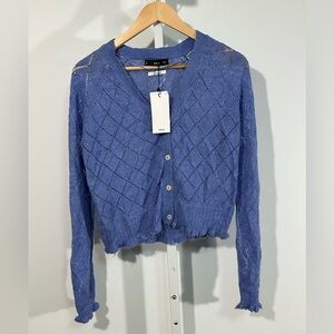 MNG Mango Mohair Blend Pointelle Knit Cardigan – Periwinkle Blue, Size M, NWT